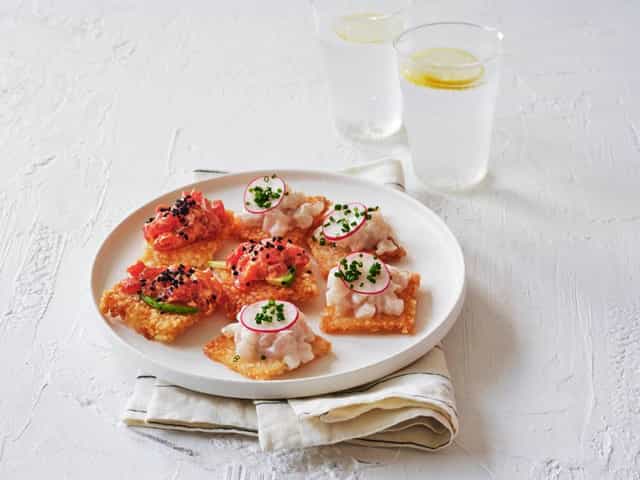 Photo of Crispy Sushi Rice Bites with Coconut, Lime + Kingfish and Spicy Mayo Tuna Topping